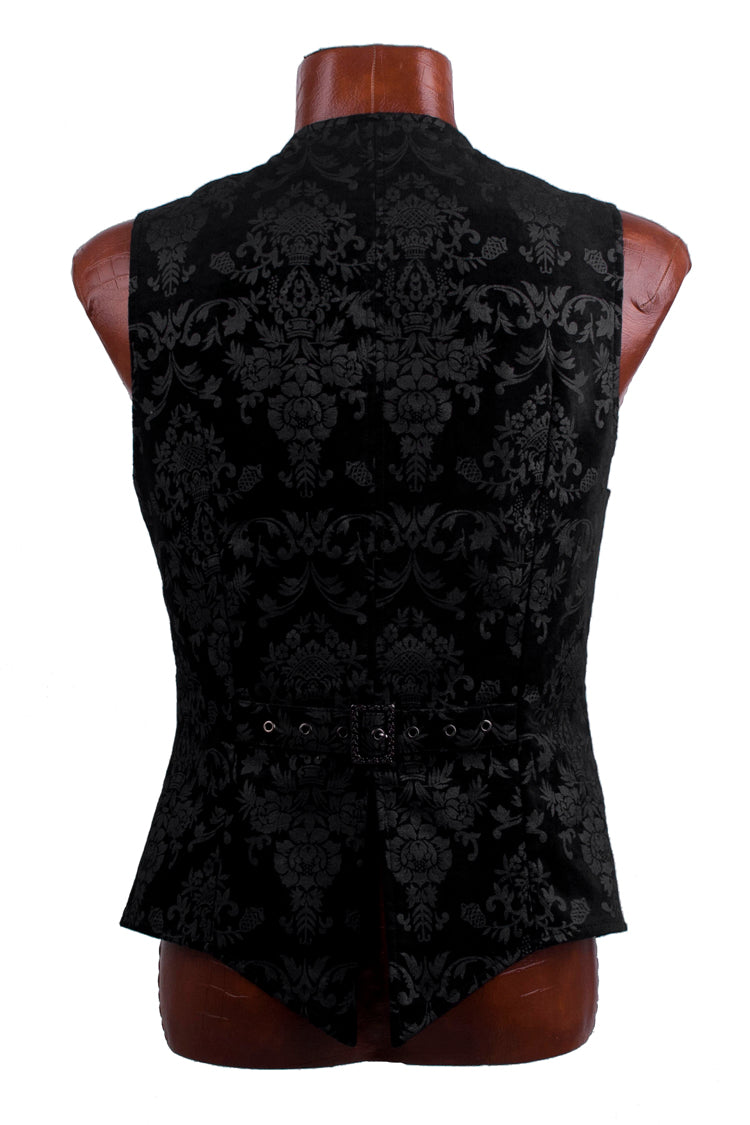 Black Retro Jacquard Front Woven Strap Metal Button Gothic Vest