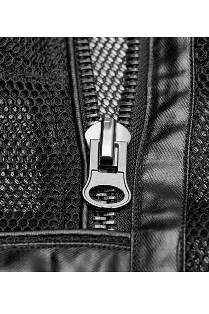 Black Punk Rough No Elasticity Woven Mesh Metal Buckle Belts Decoration Perspective Sleeveless Metal Zipper Vest