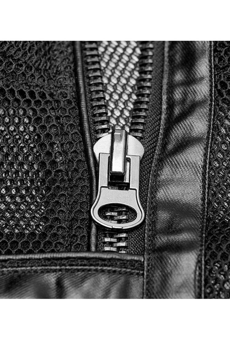 Black Punk Rough No Elasticity Woven Mesh Metal Buckle Belts Decoration Perspective Sleeveless Metal Zipper Vest