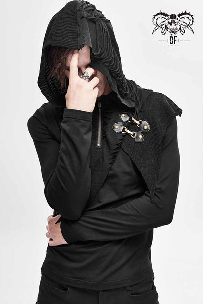 Black Long Sleeves Asymmetric Tatters Strip Leather Metal Loop Hooded Punk T-shirt