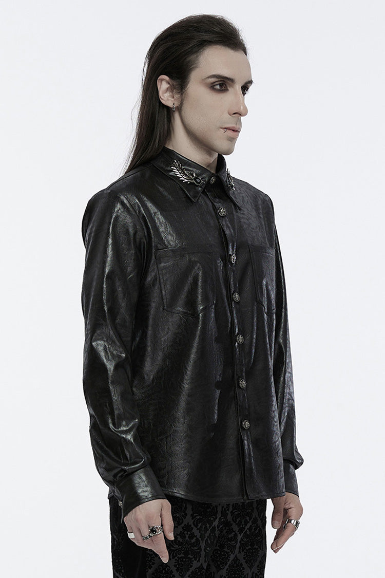 Black Lapel Collar Long Sleeves Buckle Skull Metal Gothic Blouse