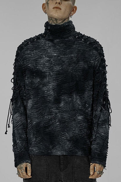 Black/blue Punk Post Apocalyptic Turtleneck Tattered Tie Dye Print Lace Up Long Sleeve T-shirt