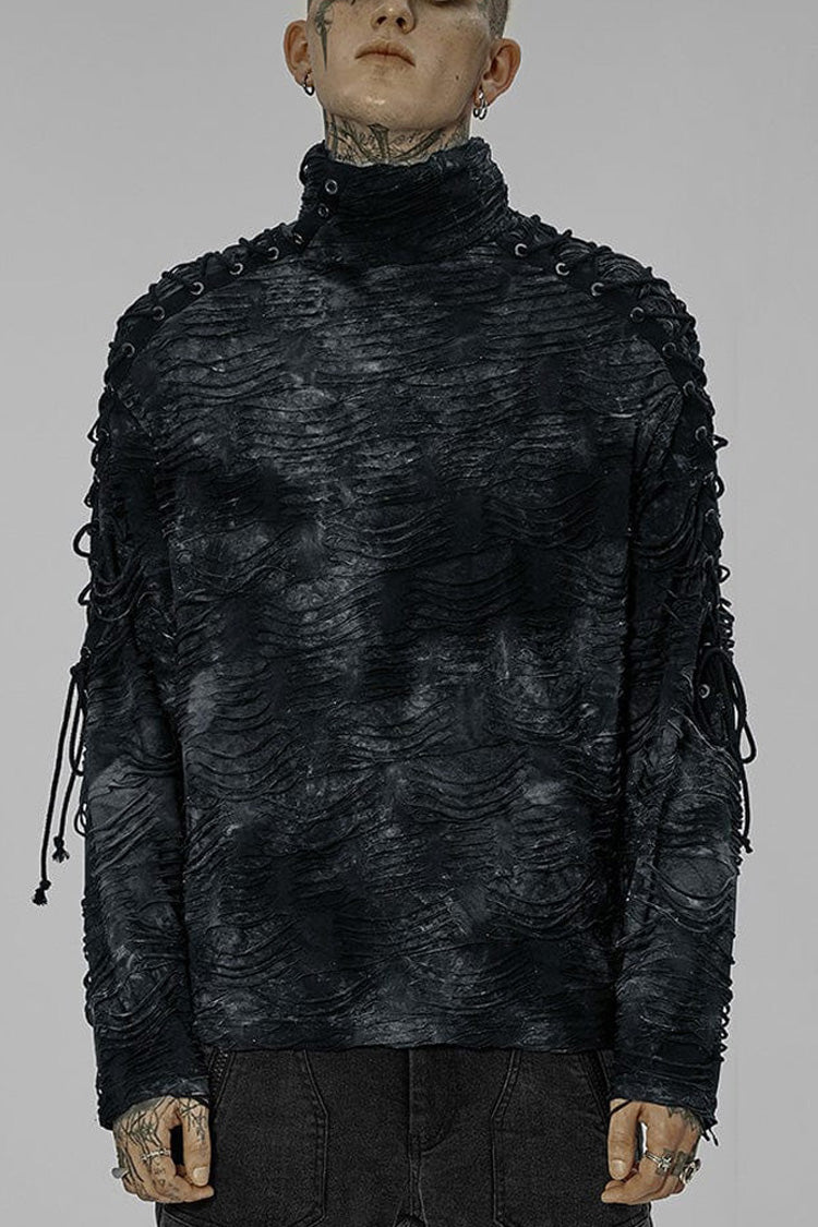 Black/blue Punk Post Apocalyptic Turtleneck Tattered Tie Dye Print Lace Up Long Sleeve T-shirt