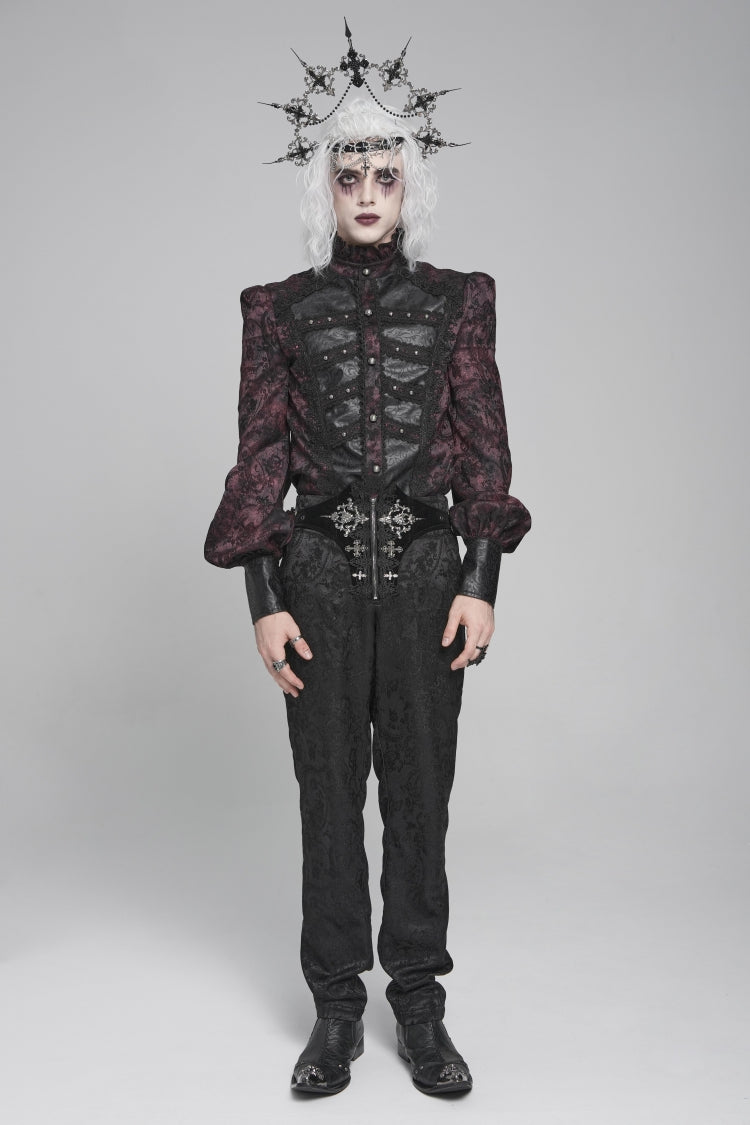 Black/red Stand Collar Long Lantern Sleeves Print Embroidery Gothic Blouse