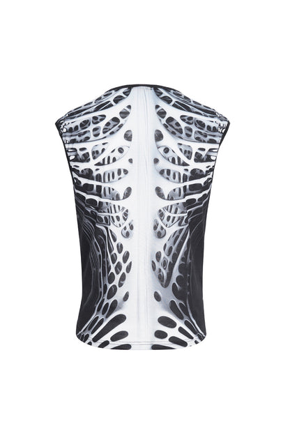Black/white Round Collar Print Hollow Punk Vest
