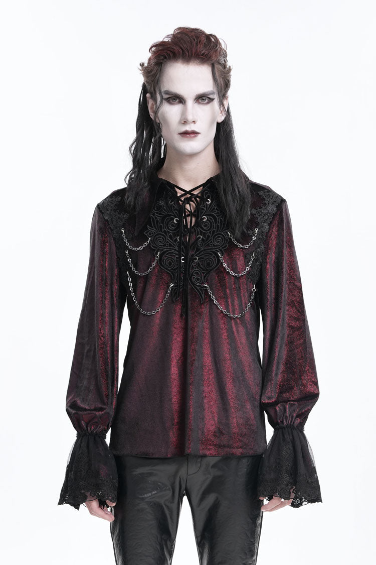 Wine Red V Collar Long Sleeves Lace-up Chain Gothic Blouse
