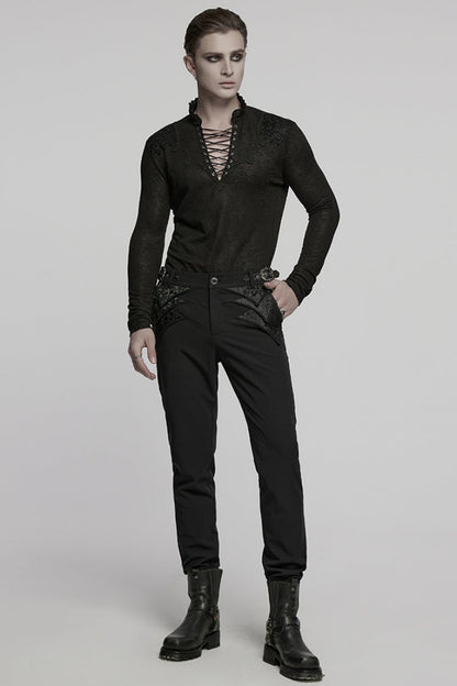 Black V Collar Long Sleeves Jacquard Embroidery Gothic Blouse