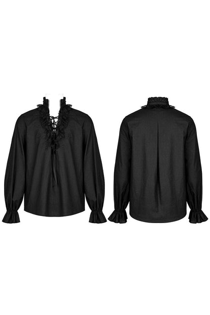Black Gothic Pure Cotton No Elasticity Neckline Pleats Lace Ruffle Embroidery Tie Rope Design Shirt