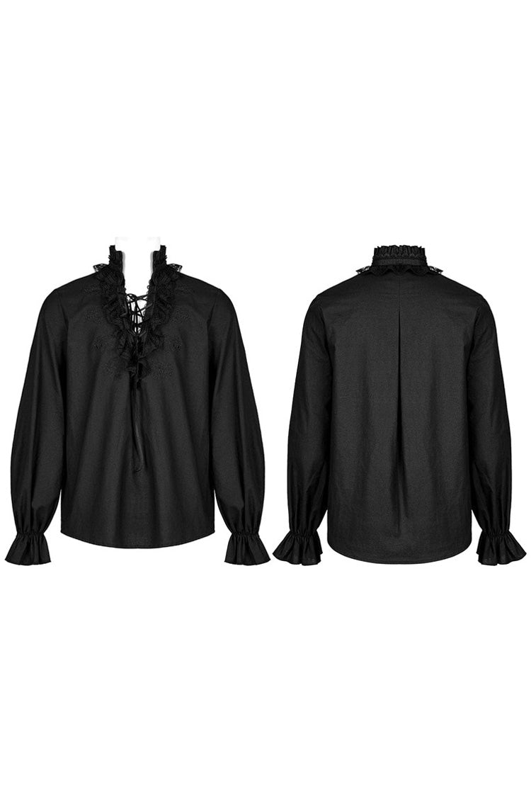 Black Gothic Pure Cotton No Elasticity Neckline Pleats Lace Ruffle Embroidery Tie Rope Design Shirt