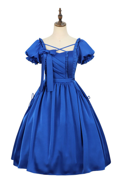 Blue Square Collar Ruffled Puff Short Sleeves High Waisted Classic Lolita Op Dress