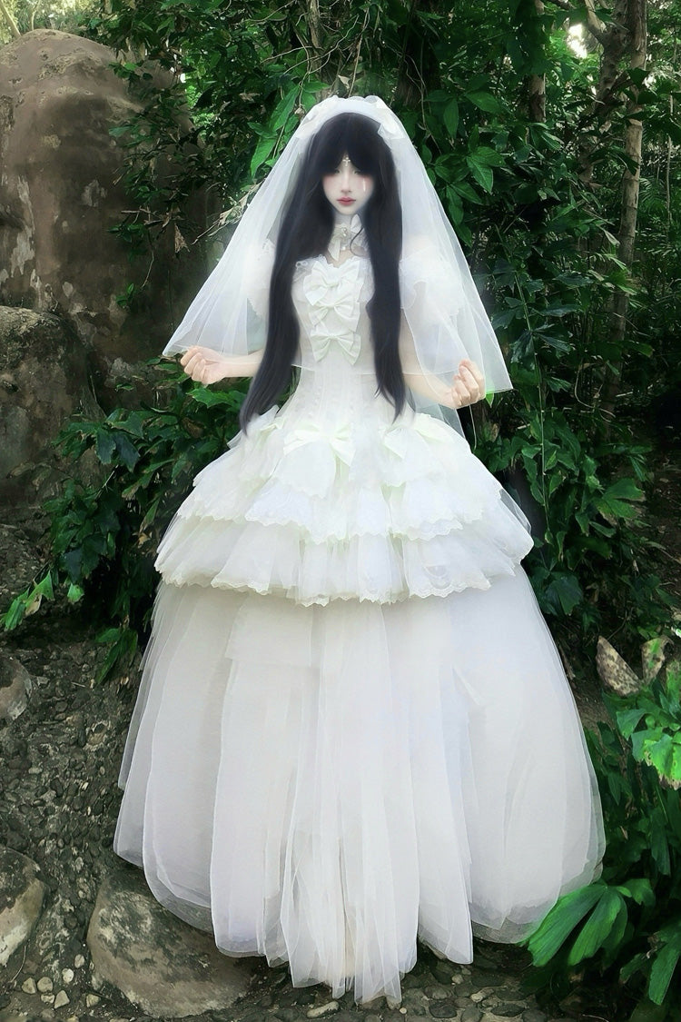White [pure White Prayer · Snow Love] Square Collar Ruffled Bow Lace Classic Gothic Lolita Dress Set