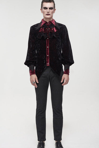 Black/red Gothic Lace Stand Collar Ruffle Lantern Sleeves Velvet Crack Shirt