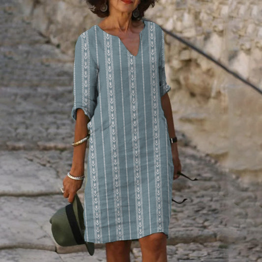 Women Retro Tulip Stripe Art Floral Art Casual V Neck Midi Dress elevenforest