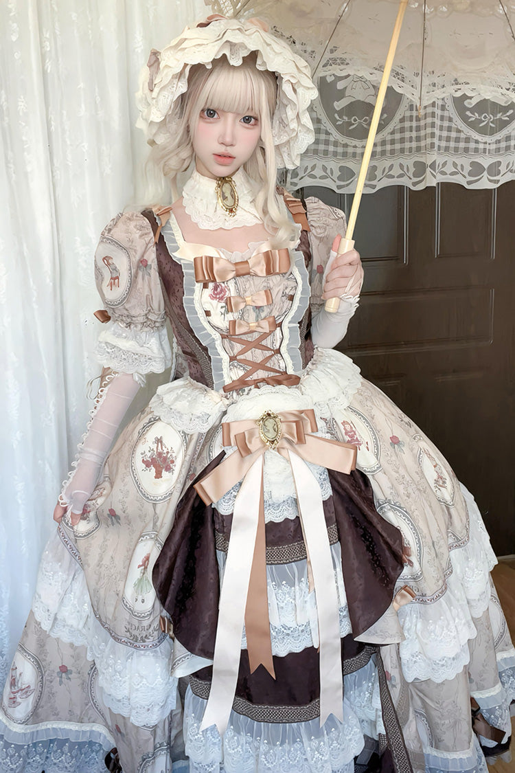 Brown [baker Street Tea Party] Short Sleeves High Waisted Print Ruffle Embroidery Cardigan Bowknot Lace-up Classic Princess Lolita Dress