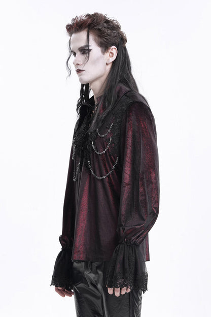 Wine Red V Collar Long Sleeves Lace-up Chain Gothic Blouse
