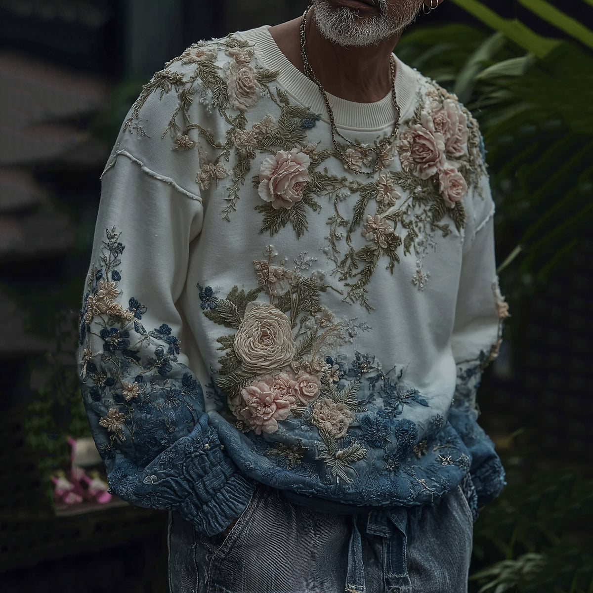 Men's Retro Floral Art Cozy Crew Neck Sweatshirt elevenforest