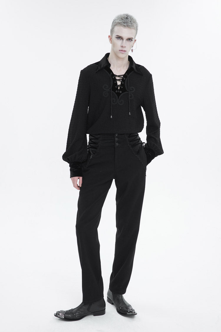 Black Embroidered Chest With Drawstring Strappy Puff Sleeved Gothic Shirt