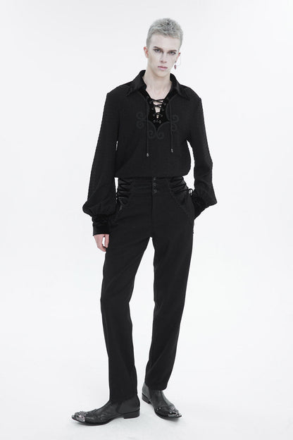 Black Embroidered Chest With Drawstring Strappy Puff Sleeved Gothic Shirt