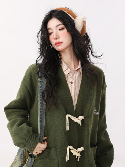 Retro Green Horn Button Cardigan Knit Jacket + Striped Shirt + Check Skirt