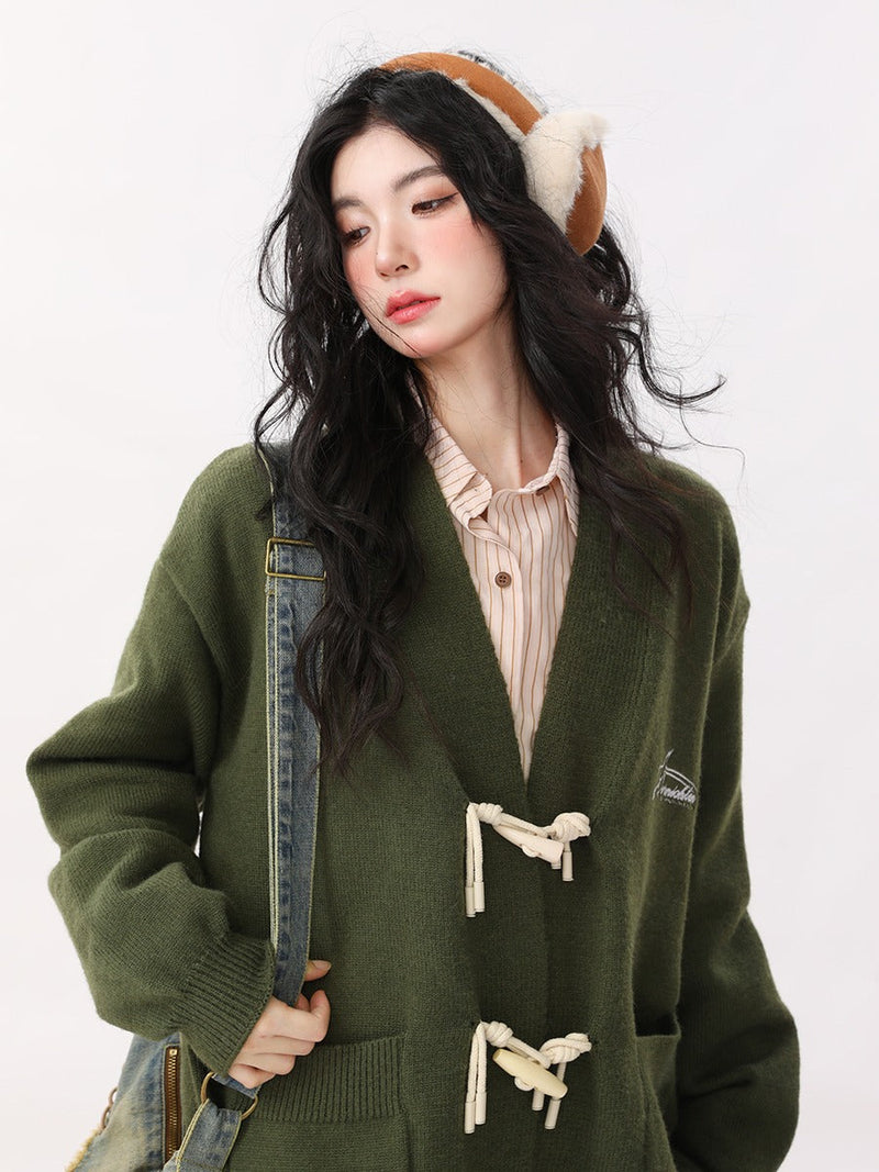 Retro Green Horn Button Cardigan Knit Jacket + Striped Shirt + Check Skirt