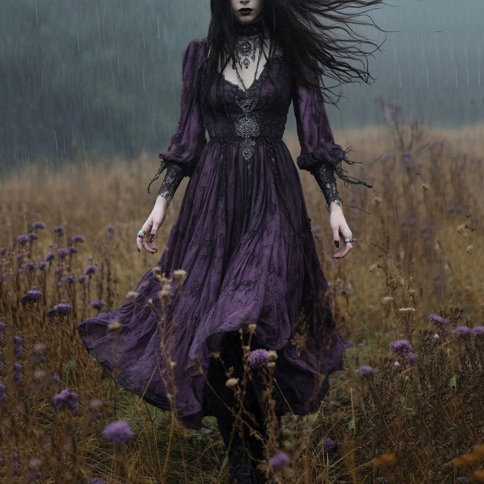 Gothic Embroidered Pattern Long-sleeved Midi Dress elevenforest