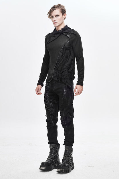 Black Ragged Turn-down Collar Woolen Long Sleeve Irregular Hem Punk T-shirt