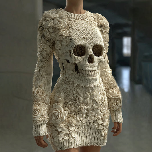 Women's Hot Sexy Style Halloween Skeleton Bones Leather With Rose Pattern Art Cozy Knit Mini Sweater Dress elevenforest