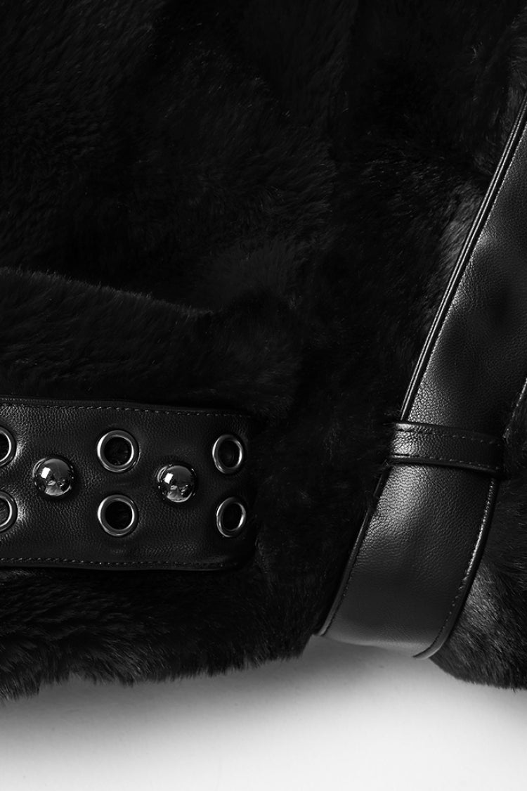 Black Stand Collar Long Sleeves Buckle Straps Faux Fur Punk Short Cloak