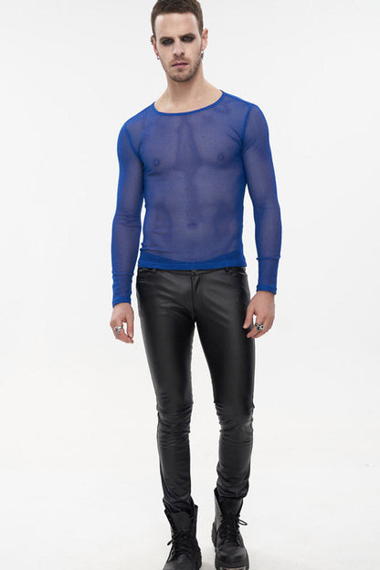 Blue Gothic Elasticity High Neck Long Sleeve Mesh Shirt