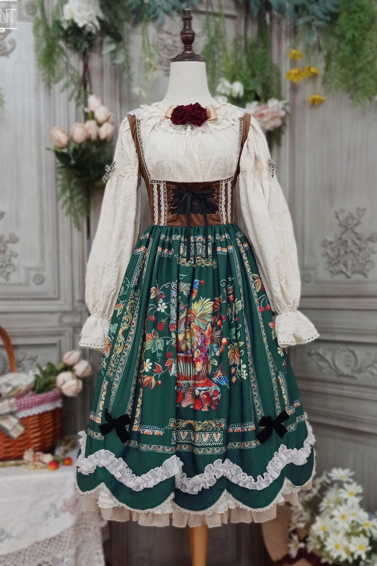 Green [ode to Plenty] Berries and Birds Print Ruffle Bowknot Velvet Classic Lolita Breast Support Jsk Dress