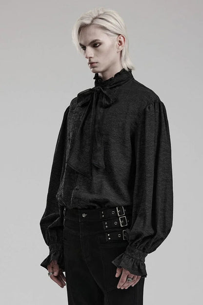 Black Stand Collar Long Puff Sleeves Jacquard Print Gothic Blouse With Necktie