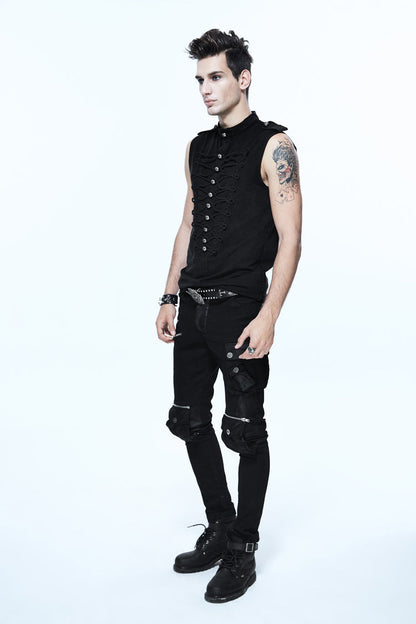Black Military Uniform Style Chest Chinese Frog Button Sleeveless Punk T-shirt
