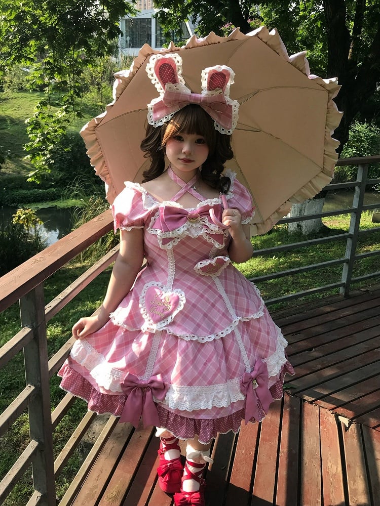 [pre-order Deadline: May 10] Blue/yellow/pink Sweetheart Lolita Ribbon Puff Sleeve Tiered Dress + Bunny Ear Full Set + Cat Ear Full Set