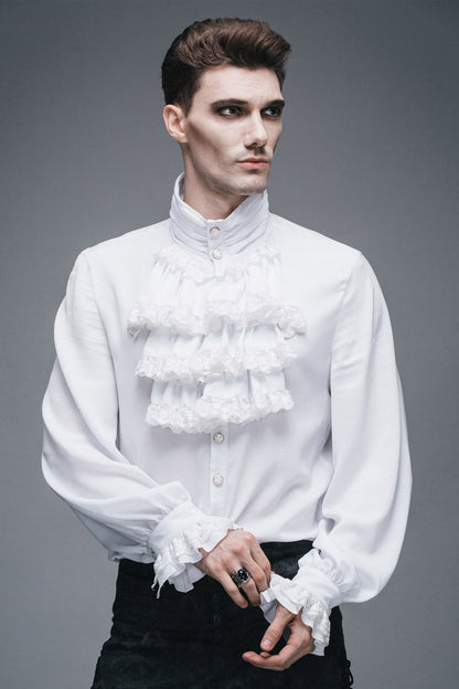 White Ruffled Lace Button-up Micro-bullet Chiffon Long Sleeve Gothic Shirt