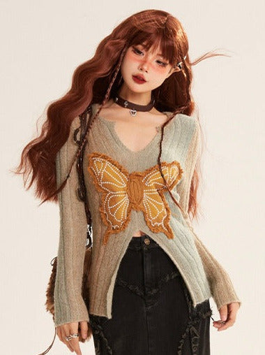 Retro Butterfly Patch Embroidery V-neck Slim Knit + Distressed Denim Long Skirt