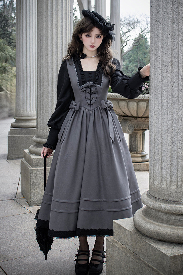 Grey [mist Chronicle] Square Collar Long Sleeves Bowknot Lace-up Color-block Fake Two Pieces Classic Lolita Dress