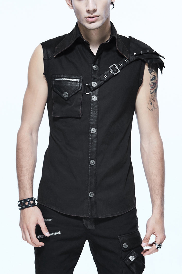 Black Sleeveless Twill One-shoulder Armor Heat Seal Punk Shirt