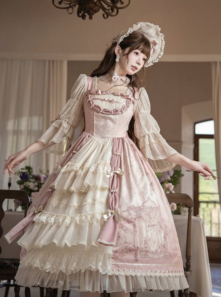 [pre-order Deadline: April 26] Rococo Antique Lace Tiered Ribbon Pink Lolita Dress + Bonnet