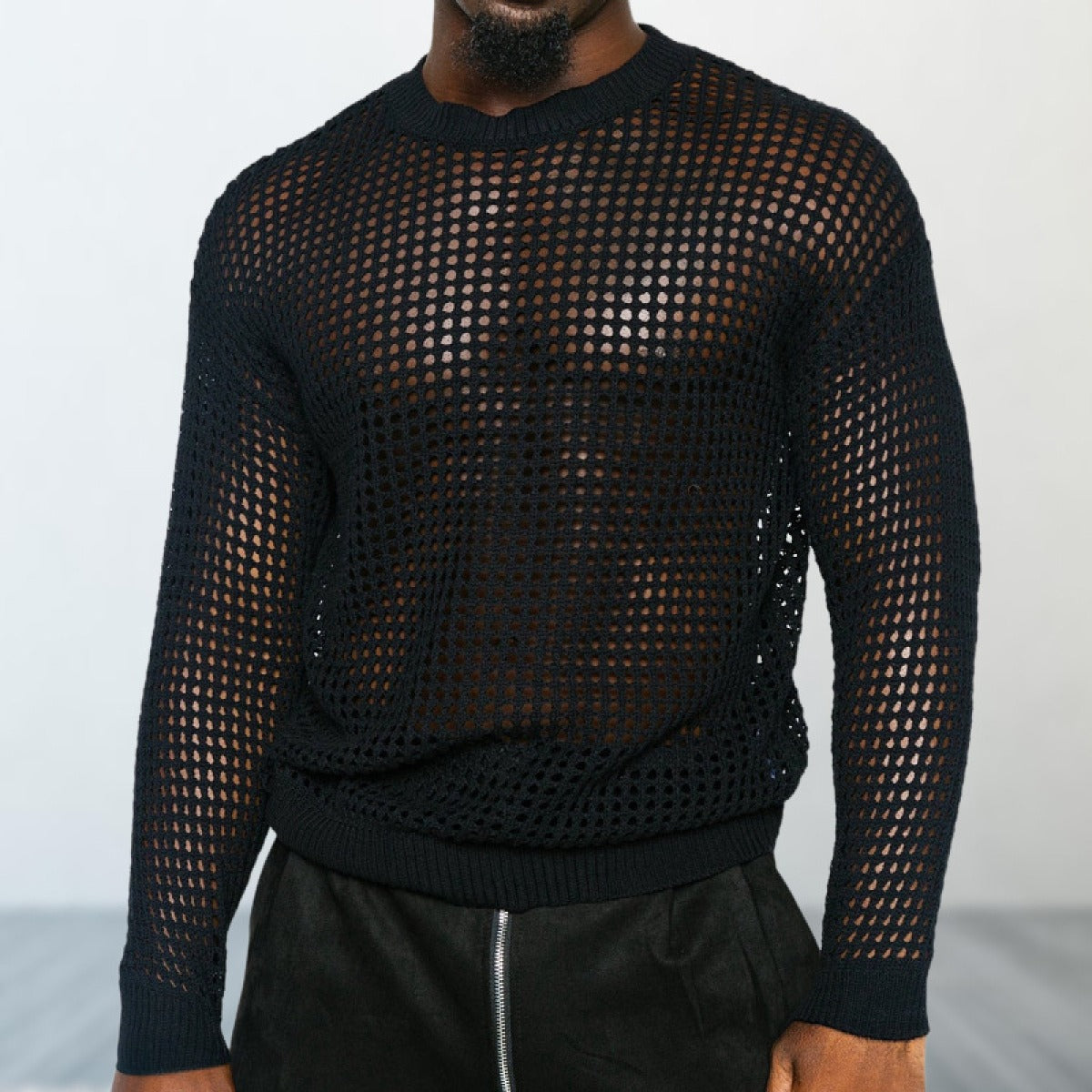 Black Punk Long Sleeve Elasticity Big Hole Mesh Drawstring Design Irregular Hooded Shirt