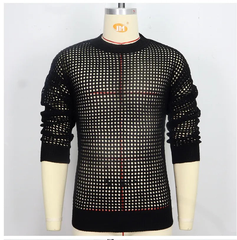 Black Punk Long Sleeve Elasticity Big Hole Mesh Drawstring Design Irregular Hooded Shirt