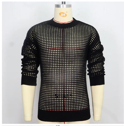 Black Punk Long Sleeve Elasticity Big Hole Mesh Drawstring Design Irregular Hooded Shirt
