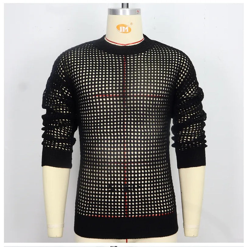 Black Punk Long Sleeve Elasticity Big Hole Mesh Drawstring Design Irregular Hooded Shirt
