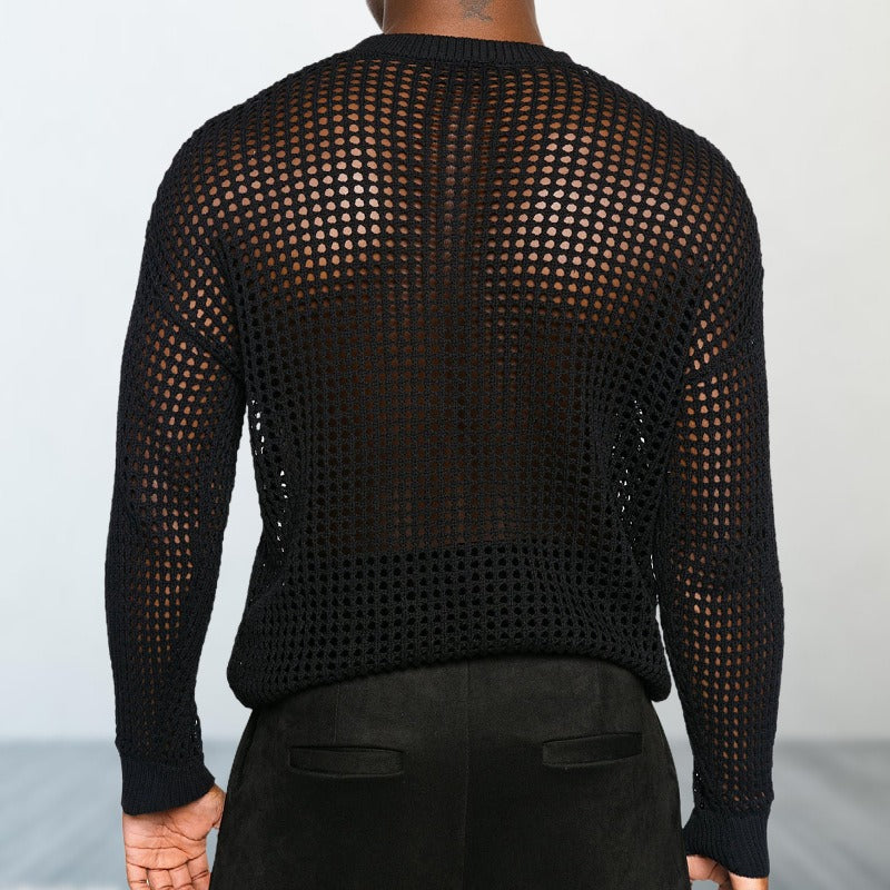 Black Punk Long Sleeve Elasticity Big Hole Mesh Drawstring Design Irregular Hooded Shirt