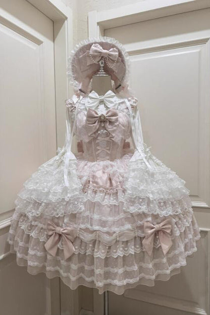 [pre-order] White Sugar Doll Princess Sleeve Suspender Dress Suit + Bonnet Hat
