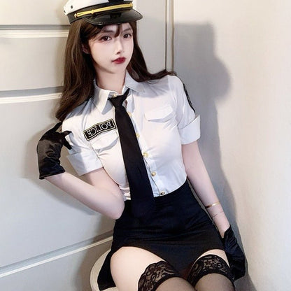 Police Costume Top With Necktie + Skirt + Hat + Gloves Etc. 7-piece