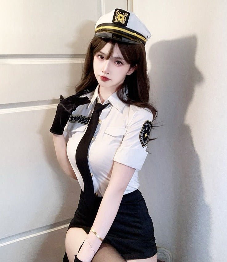 Police Costume Top With Necktie + Skirt + Hat + Gloves Etc. 7-piece