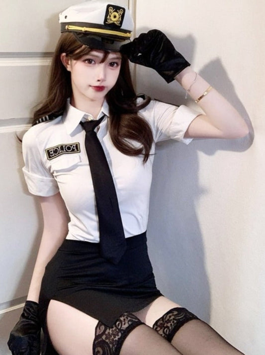 Police Costume Top With Necktie + Skirt + Hat + Gloves Etc. 7-piece