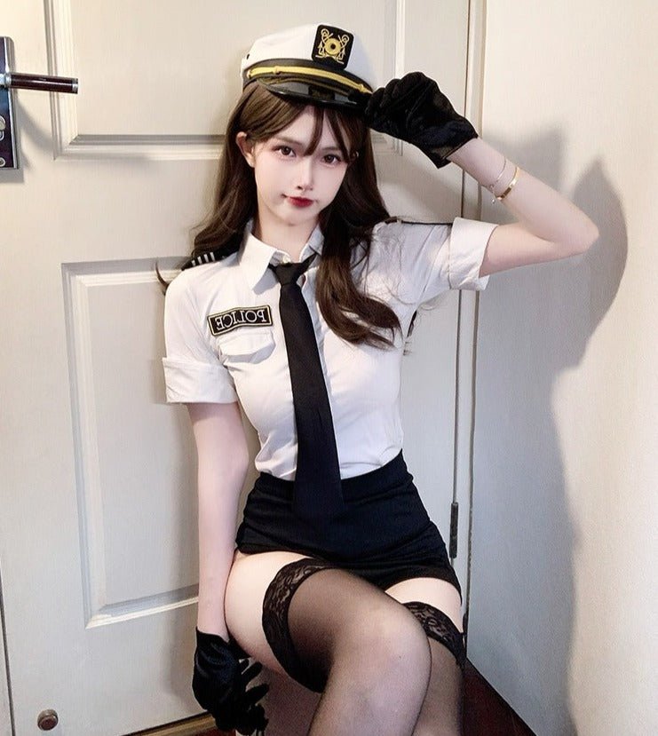 Police Costume Top With Necktie + Skirt + Hat + Gloves Etc. 7-piece