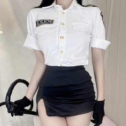 Police Costume Top With Necktie + Skirt + Hat + Gloves Etc. 7-piece