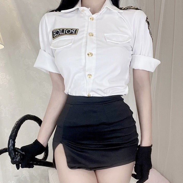 Police Costume Top With Necktie + Skirt + Hat + Gloves Etc. 7-piece